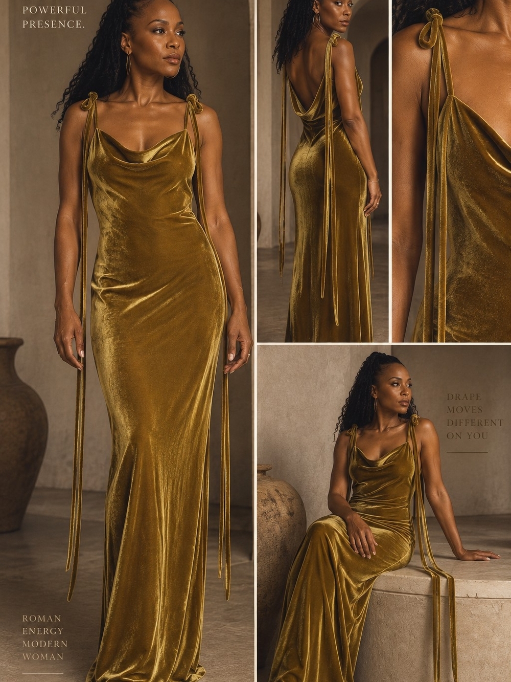 Fashion Nova Olive Gold Velvet Cowl Neck Maxi Dress